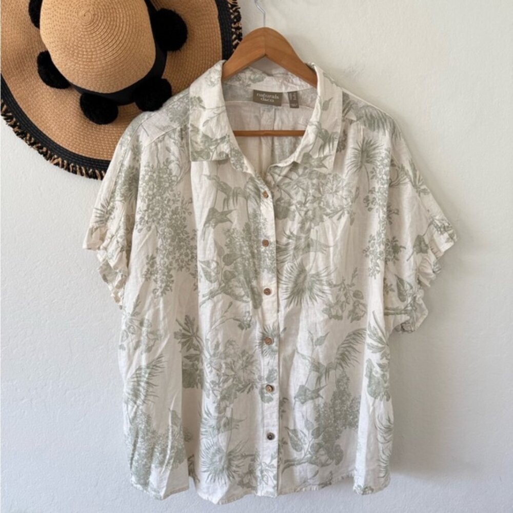 🌿 Naturals D&Co Linen Blend Botanical Print Button Down Top Ruffle Sleeve 1X 🌿